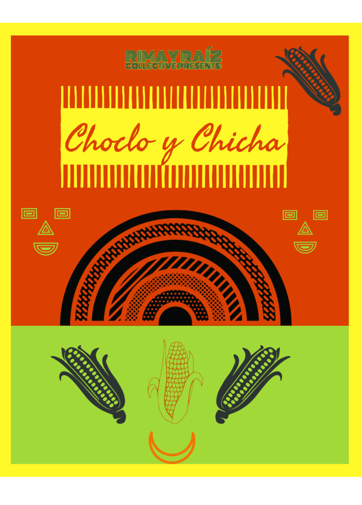 Red, green, and yellow art with choclo and geometric iconography.